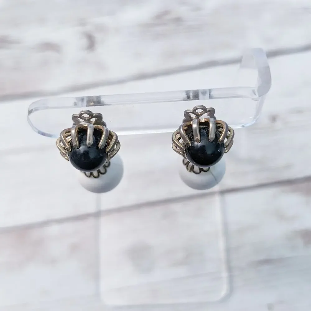 Vintage Clip On Earrings Large Chunky Black and Off White Dangle